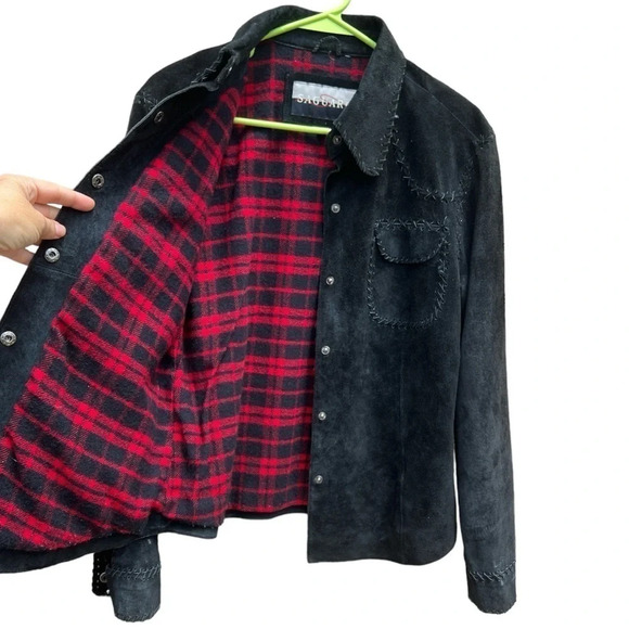 Saguaro Western Black Suede Shirt Jacket w/ Whipstitched Edges Flannel Lined (M) - Picture 3 of 11